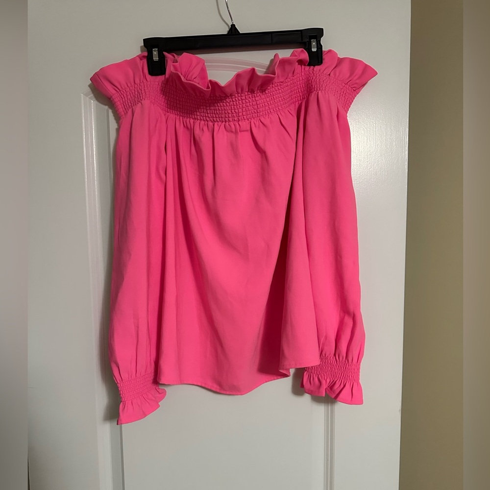 Crown & Ivy Bright Pink Smocked Off-Shoulder Blouse